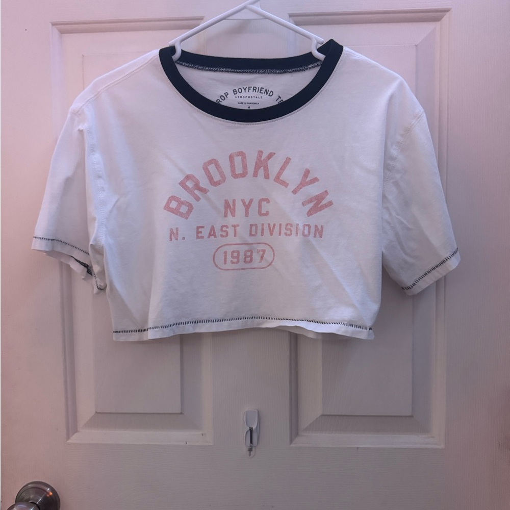 Aeropostale White Crop Boyfriend Tee with Black Trim